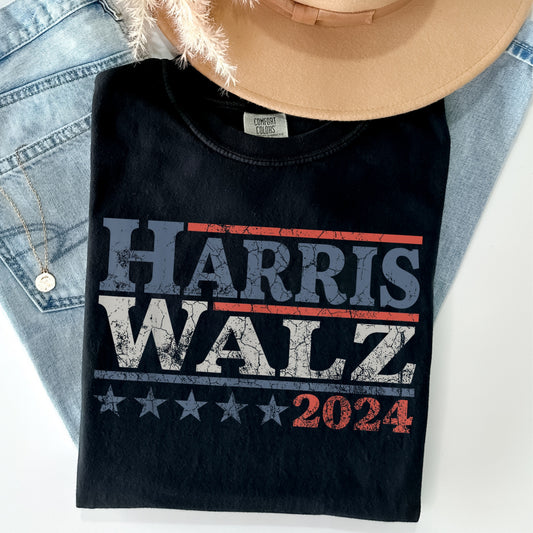 Harris Walz 2024 Distressed Campaign Tee (on Black)