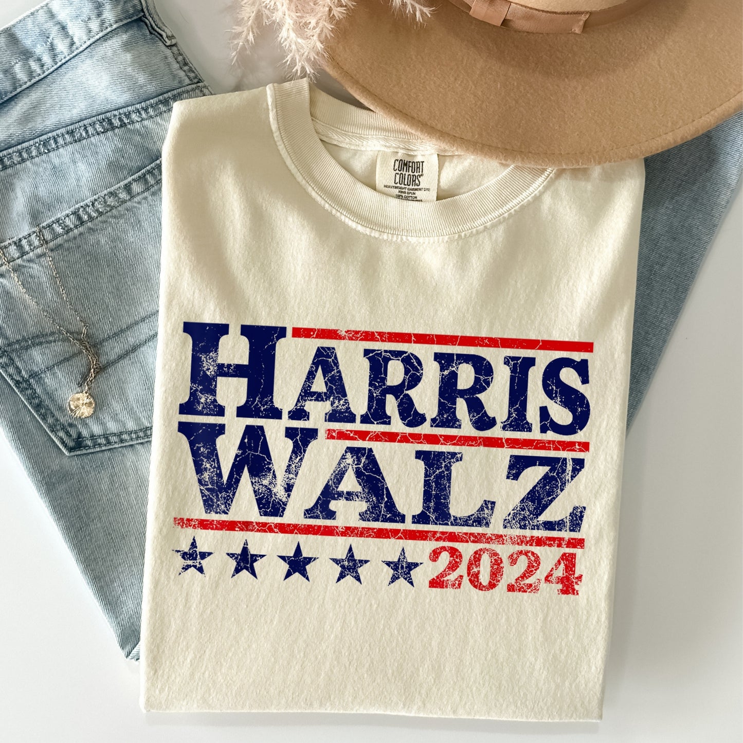 Harris Walz 2024 Distressed Campaign Tee (on Ivory)